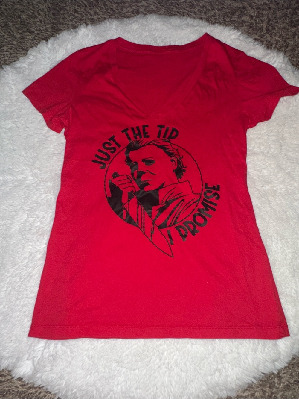 Red Graphic V-Neck Women's Tee - 'Just The Tip I Promise'